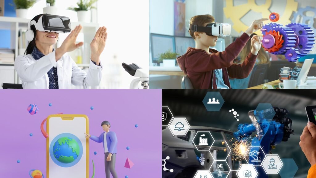 Collage de aplicaciones de realidad aumentada (RA) y realidad virtual (RV) en educación, medicina y marketing.