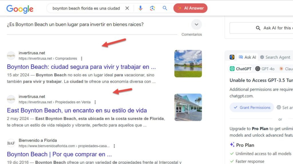 Pantalla de búsqueda de Google mostrando un agente inmobiliario destacado en los resultados locales.
